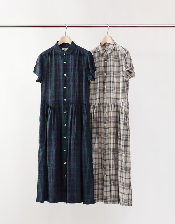 Linen checked short sleeve gathered shirt dress